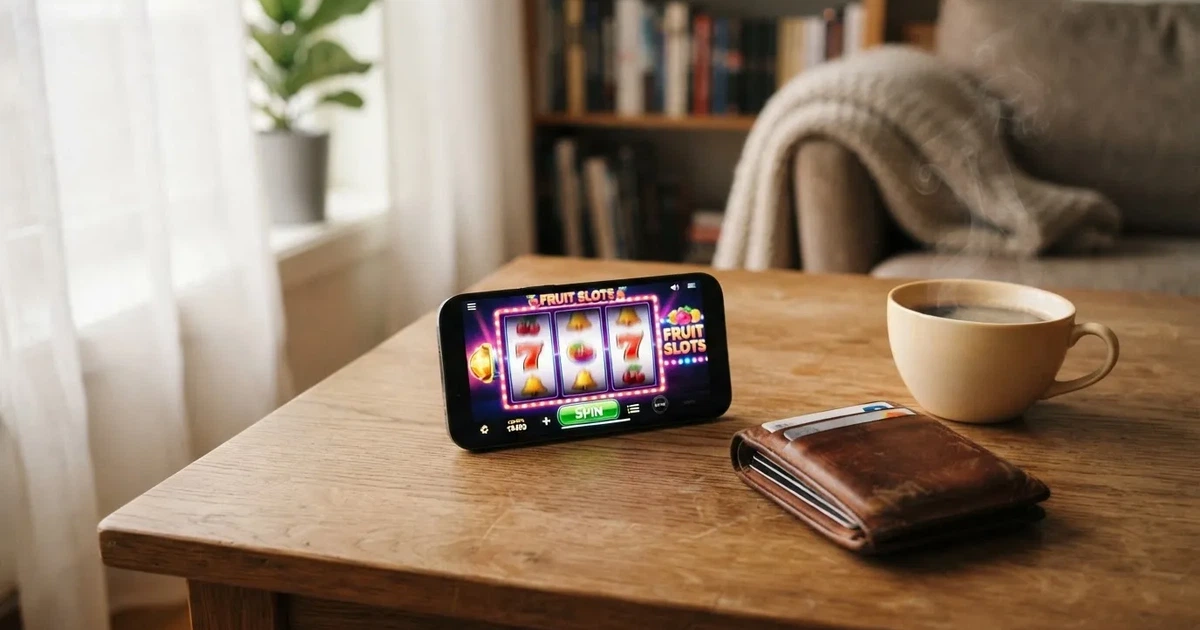 Mobiltelefon på et trebord ved siden av en lommebok og en kopp kaffe — 10 kr casinoer i norge