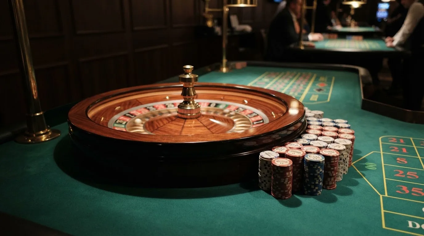 Rulettehjul og sjetonger på grønn filt i varmt kveldslys — 10 kr casinoer i norge
