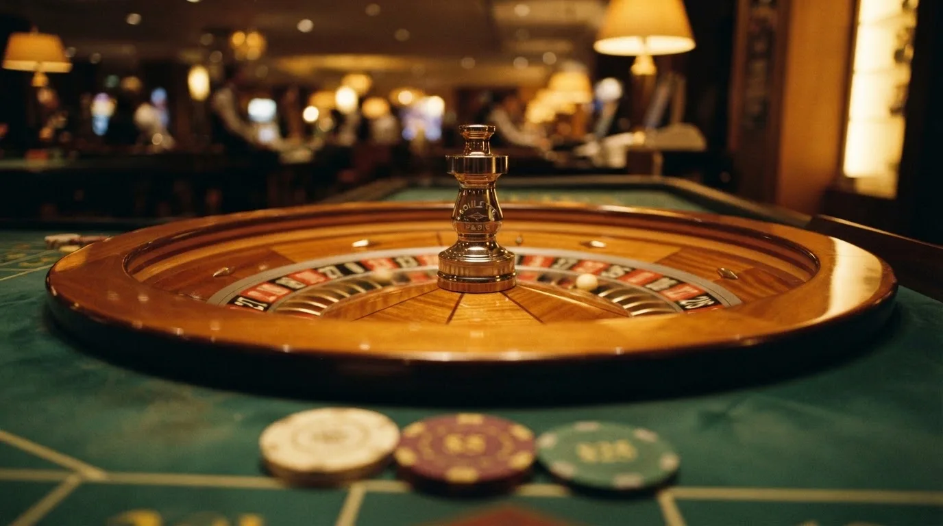Rulettehjul og sjetonger på grønn filt i varmt kveldslys — 100 kr casinoer i norge