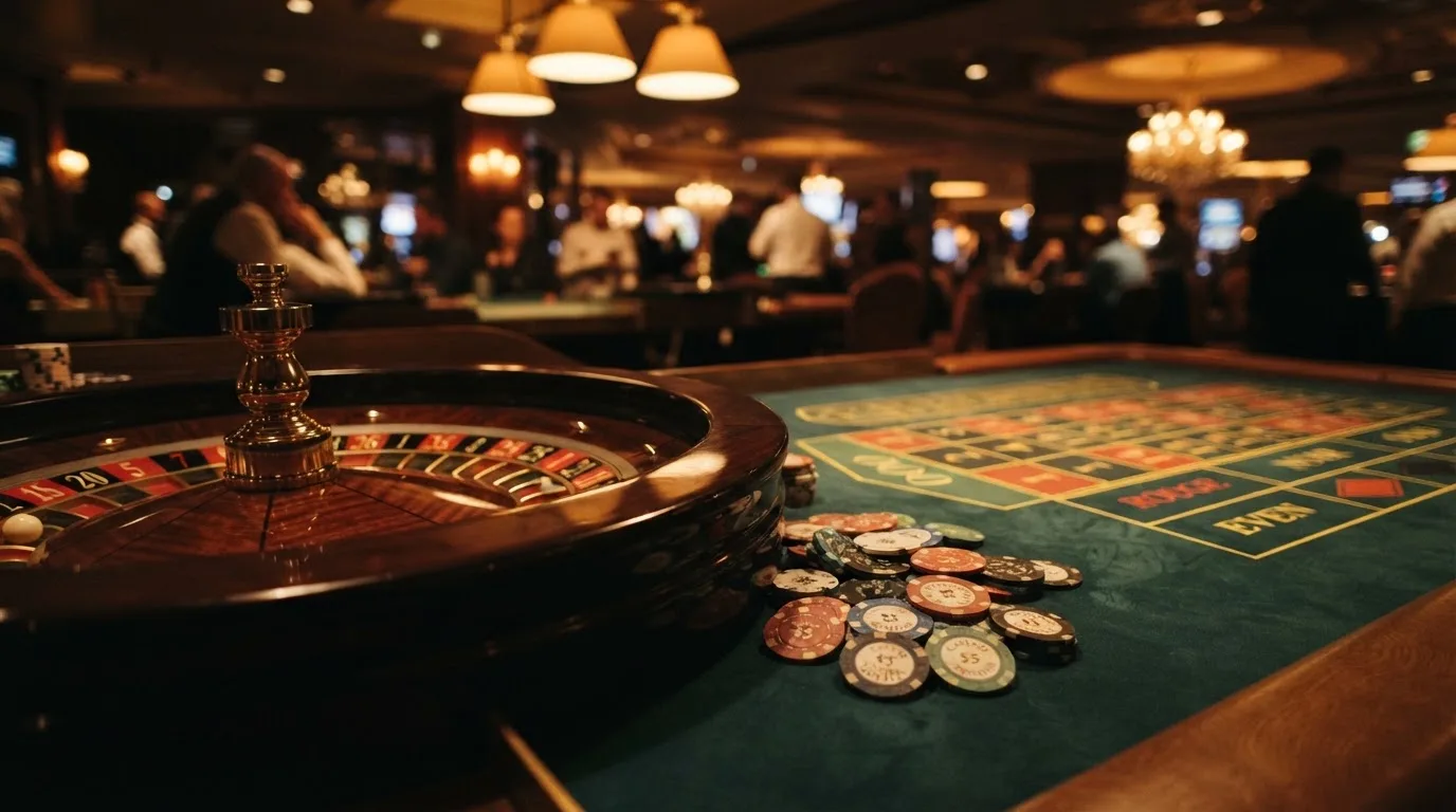 Rulettehjul og sjetonger på grønn filt i varmt kveldslys — 20 kr casinoer i norge