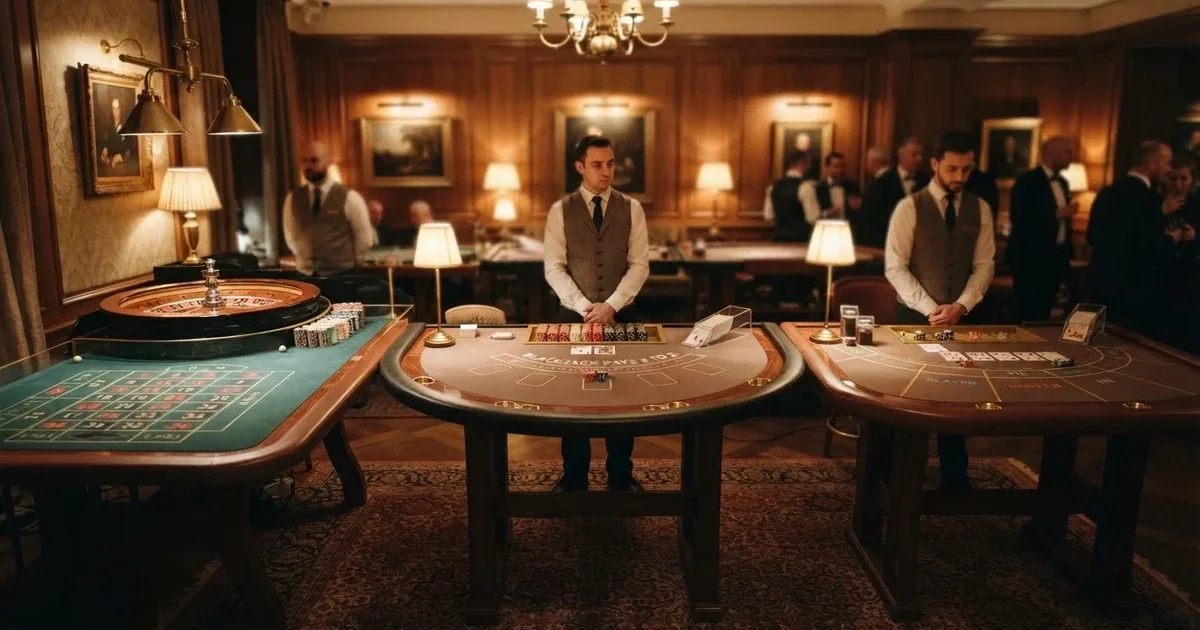 Tre ulike spillebord side om side i en rolig, varmt opplyst spillesal — anmeldelser av norske casinoer