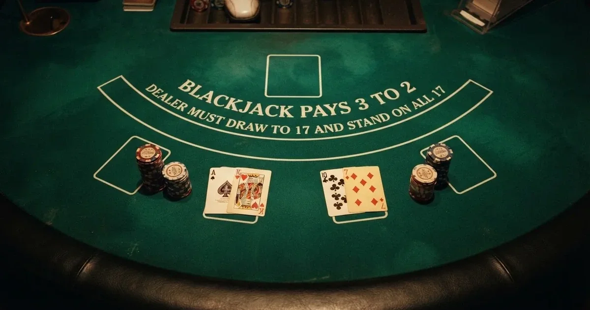 Opplyst spillebord med kort, sett ovenfra — beste blackjack i norge