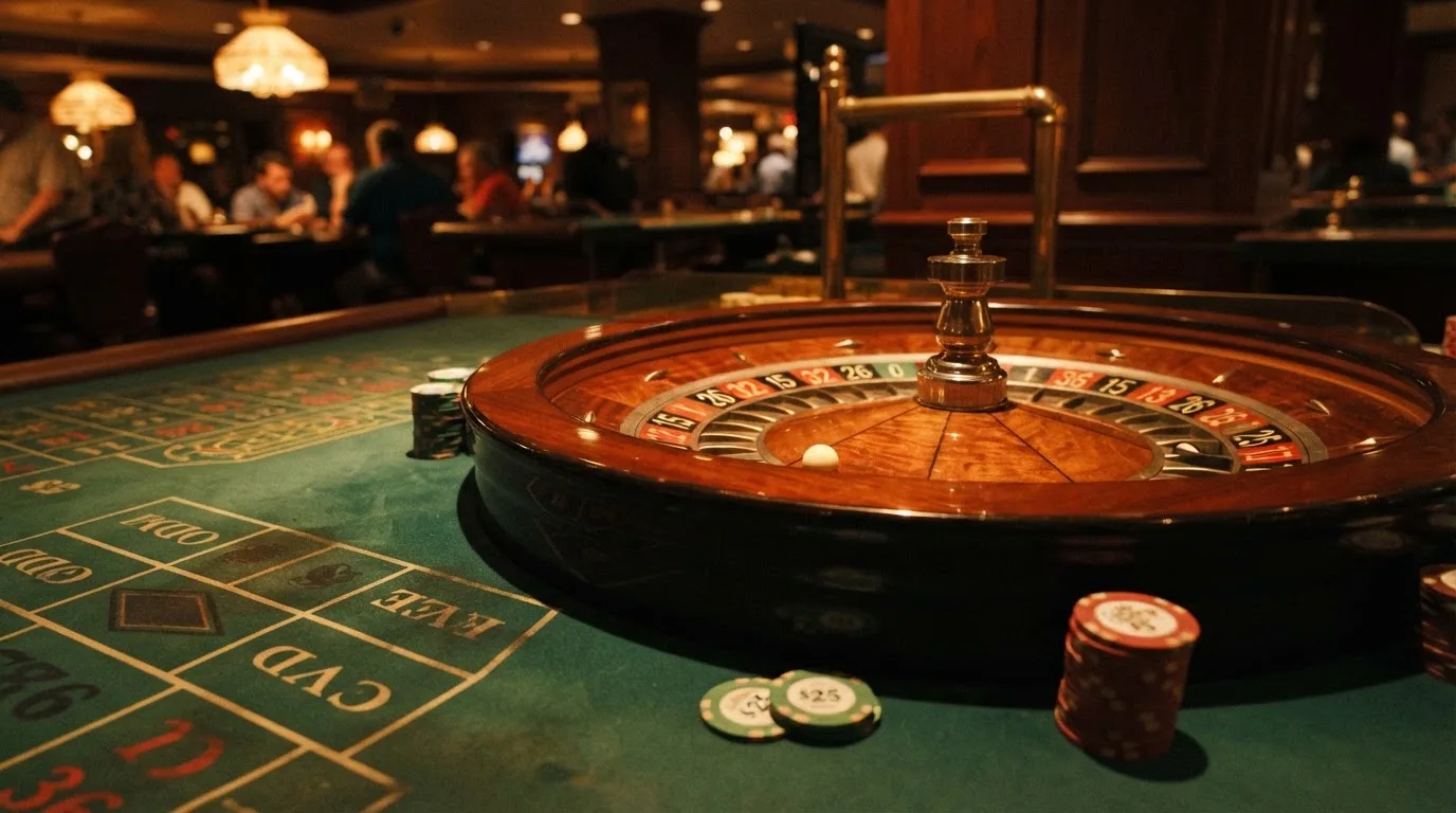 Rulettehjul og sjetonger på grønn filt i varmt kveldslys — beste blackjack i norge