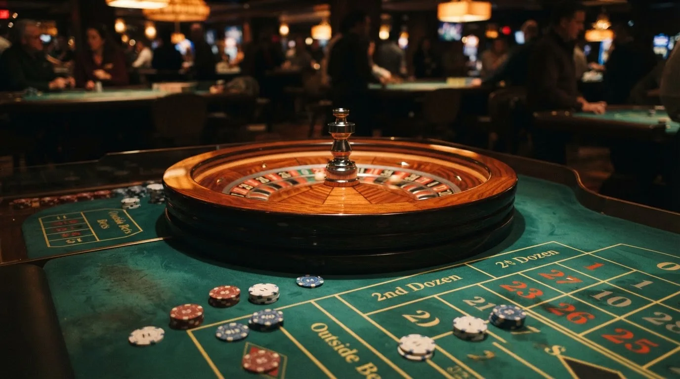 Rulettehjul og sjetonger på grønn filt i varmt kveldslys — beste bonuser på norske casinoer