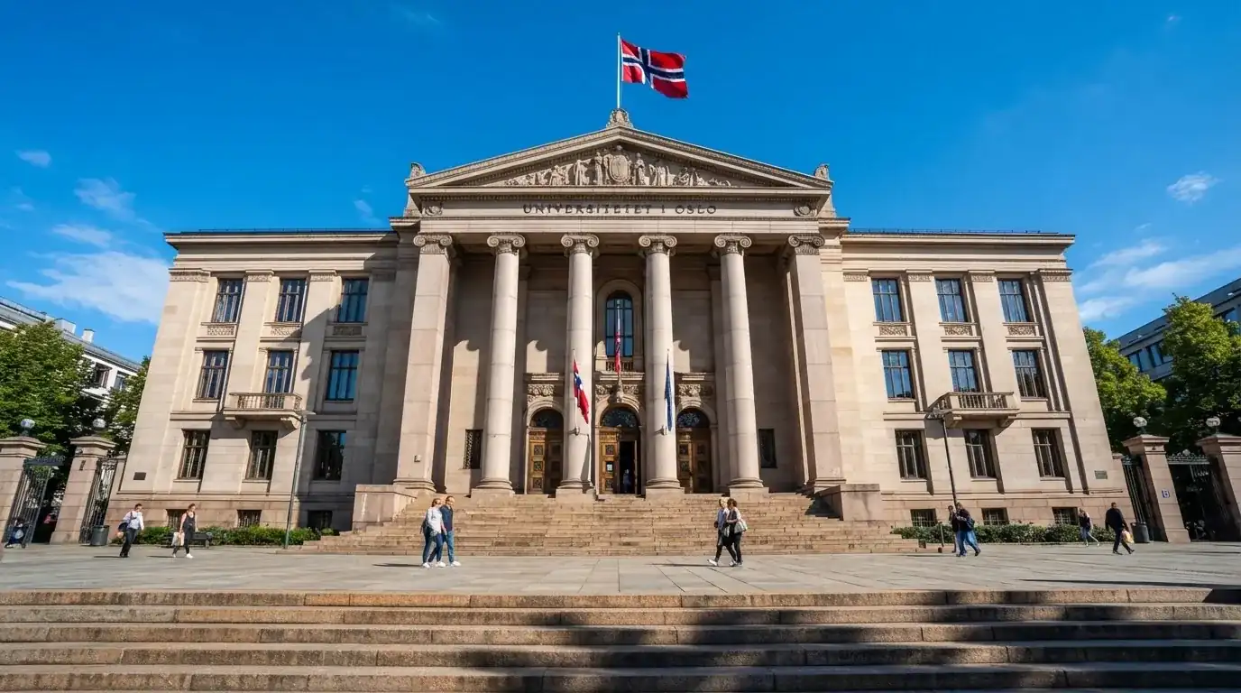 Fasade av en stor offentlig bygning i Oslo med brede trapper og et norsk flagg i vinden under klar himmel
