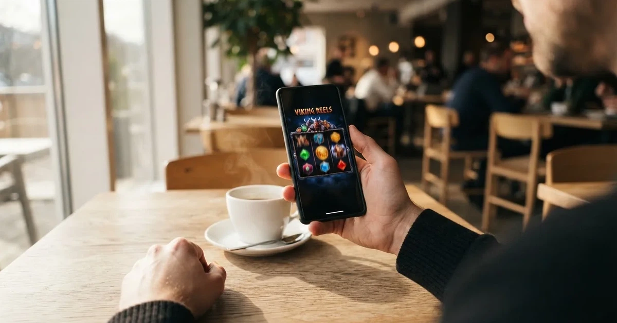 Hånd som holder en smarttelefon med mørk skjerm over et kafébord, kaffekopp ved siden av og dagslys fra et stort vindu