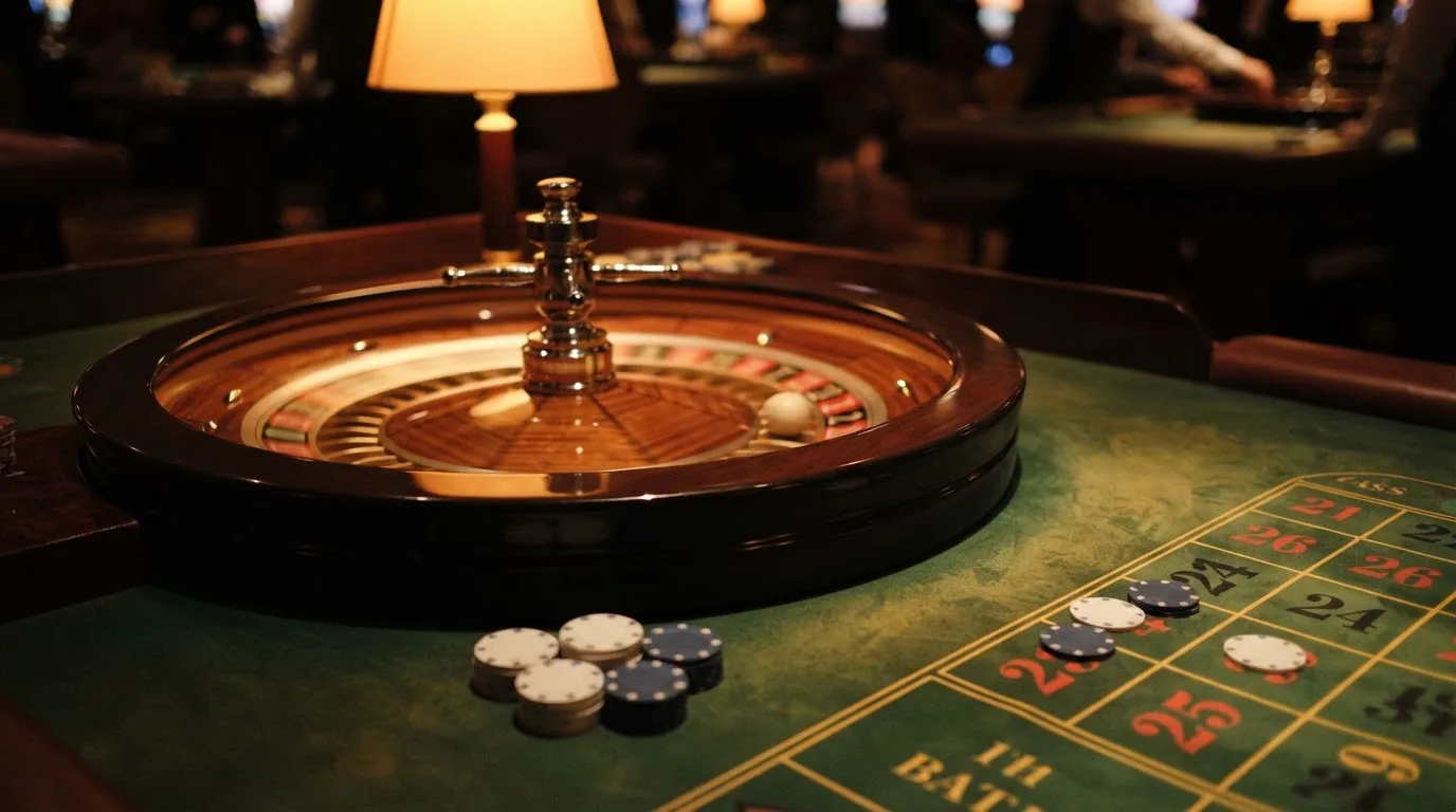 Rulettehjul og sjetonger på grønn filt i varmt kveldslys — beste casino spilleautomater