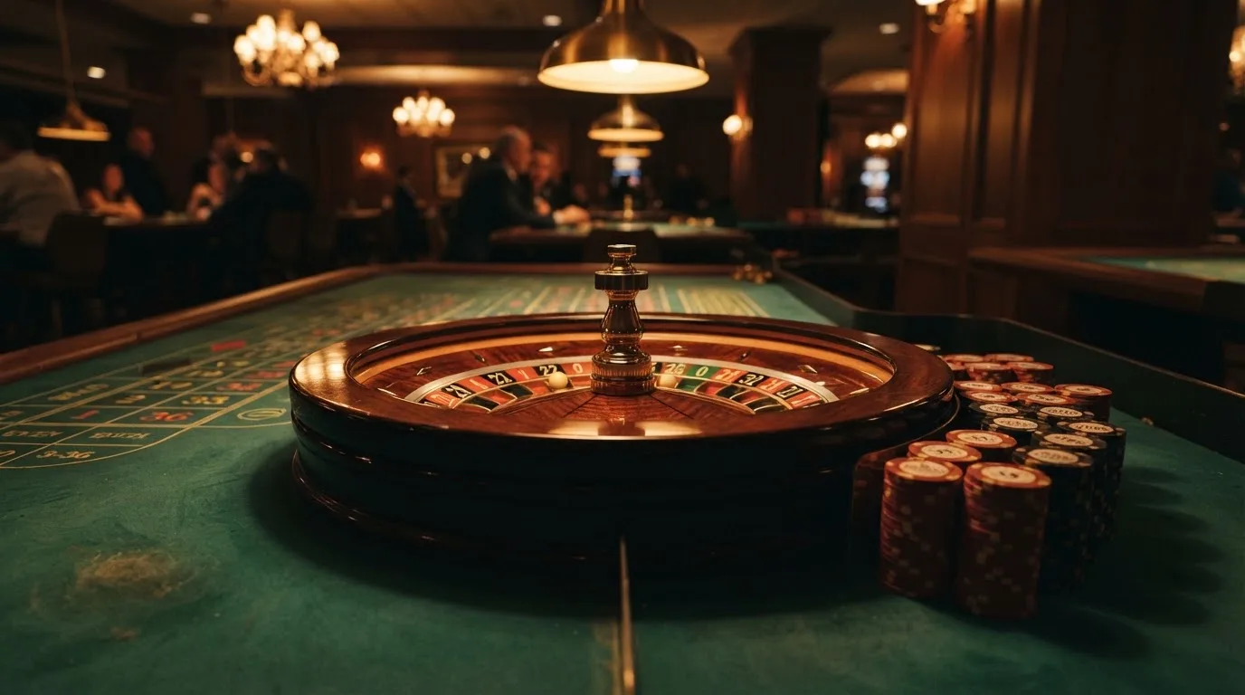 Rulettehjul og sjetonger på grønn filt i varmt kveldslys — beste casinobonuser i norge
