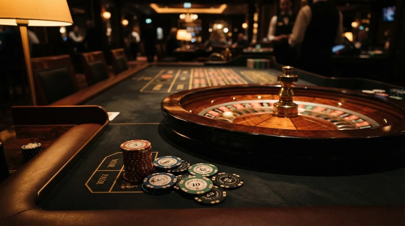 Rulettehjul og sjetonger på grønn filt i varmt kveldslys — beste casinoer med baccarat