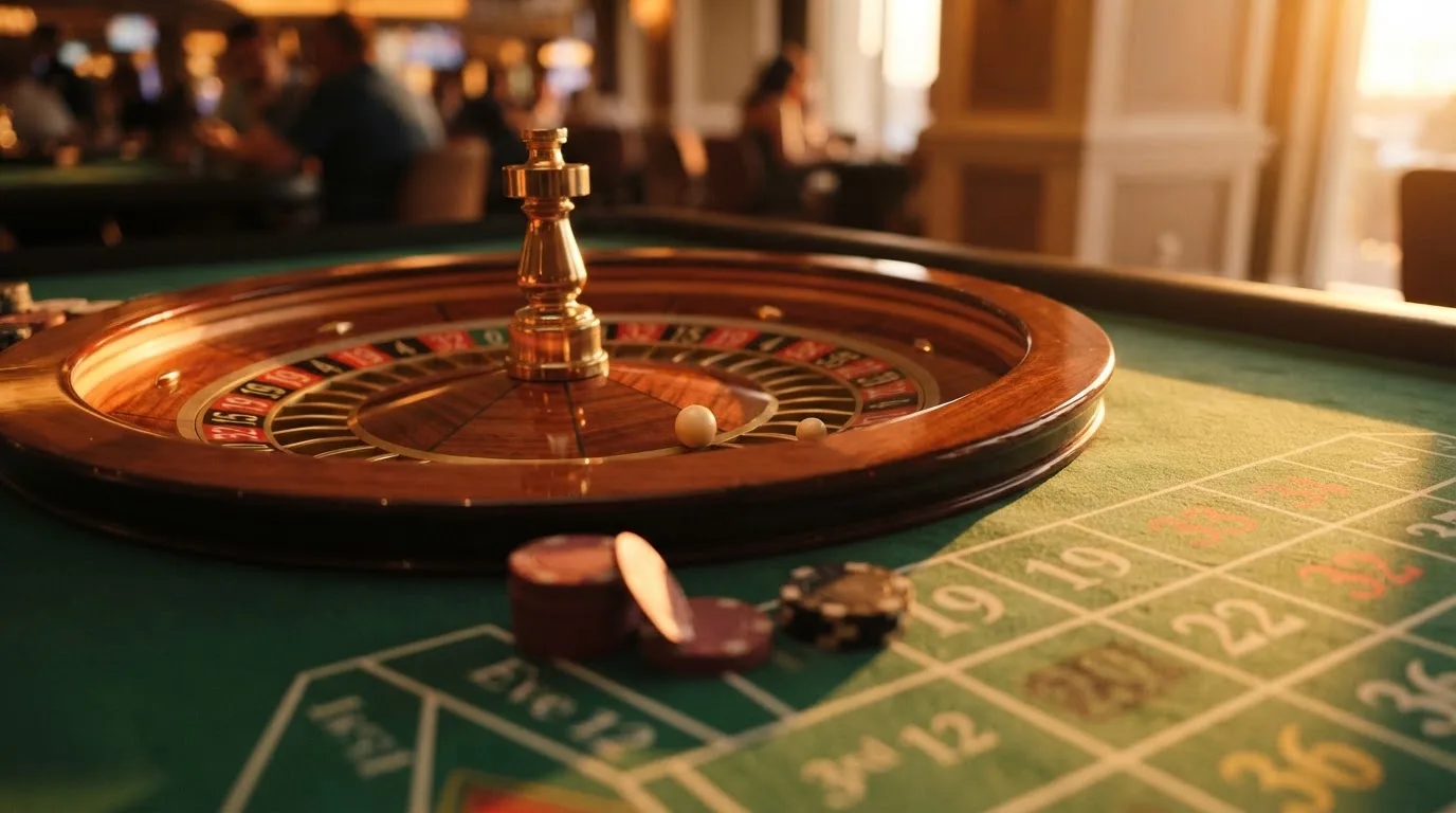 Rulettehjul og sjetonger på grønn filt i varmt kveldslys — beste casinoer med bingo