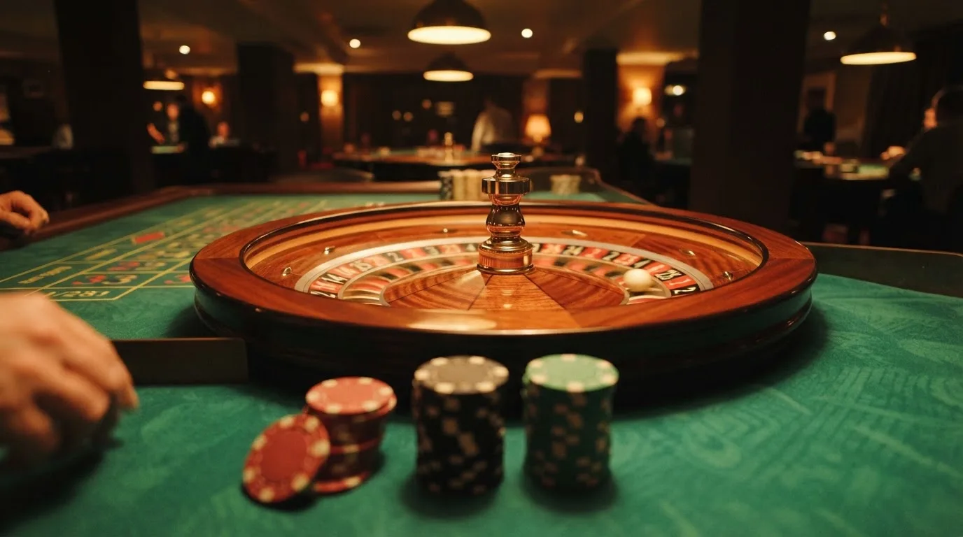 Rulettehjul og sjetonger på grønn filt i varmt kveldslys — beste utenlandske casinoer