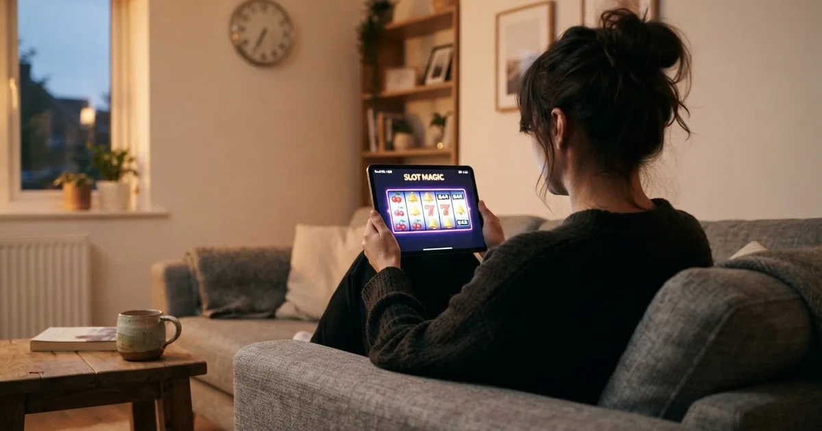 Person i en sofa ser ettertenksomt på et nettbrett, en klokke på veggen bak — bonuser på nettcasino