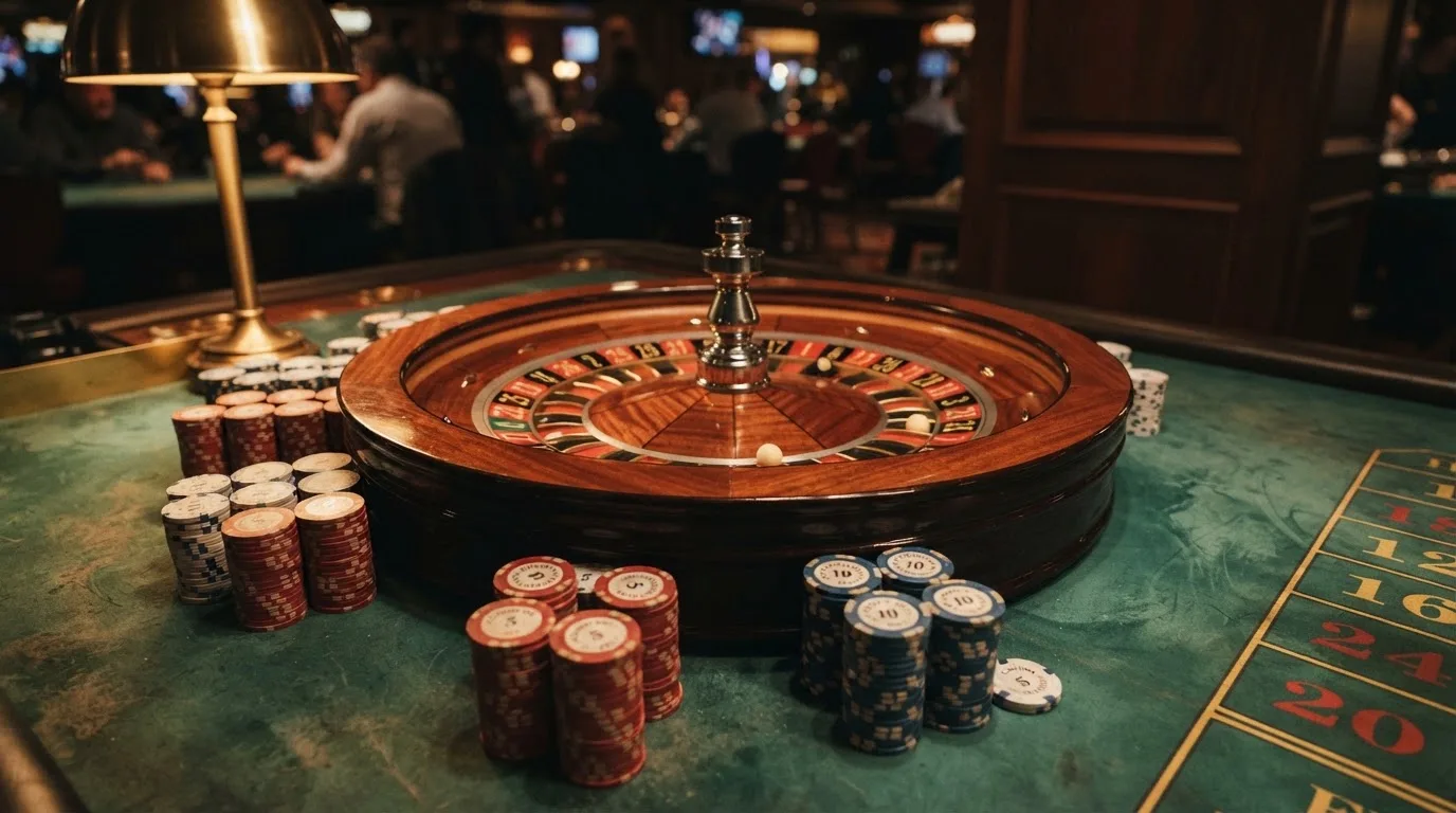 Rulettehjul og sjetonger på grønn filt i varmt kveldslys — bonuser på nettcasino