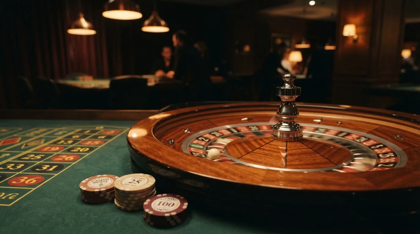 Rulettehjul og sjetonger på grønn filt i varmt kveldslys — casino slots in norway