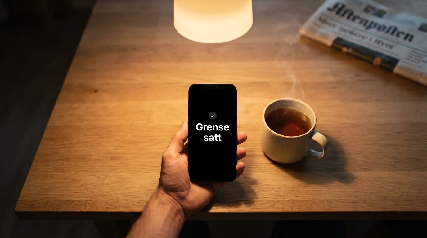 Hånd holder en mobiltelefon ved siden av en kopp te ved et kjøkkenbord en rolig kveld — casino tipping i norge
