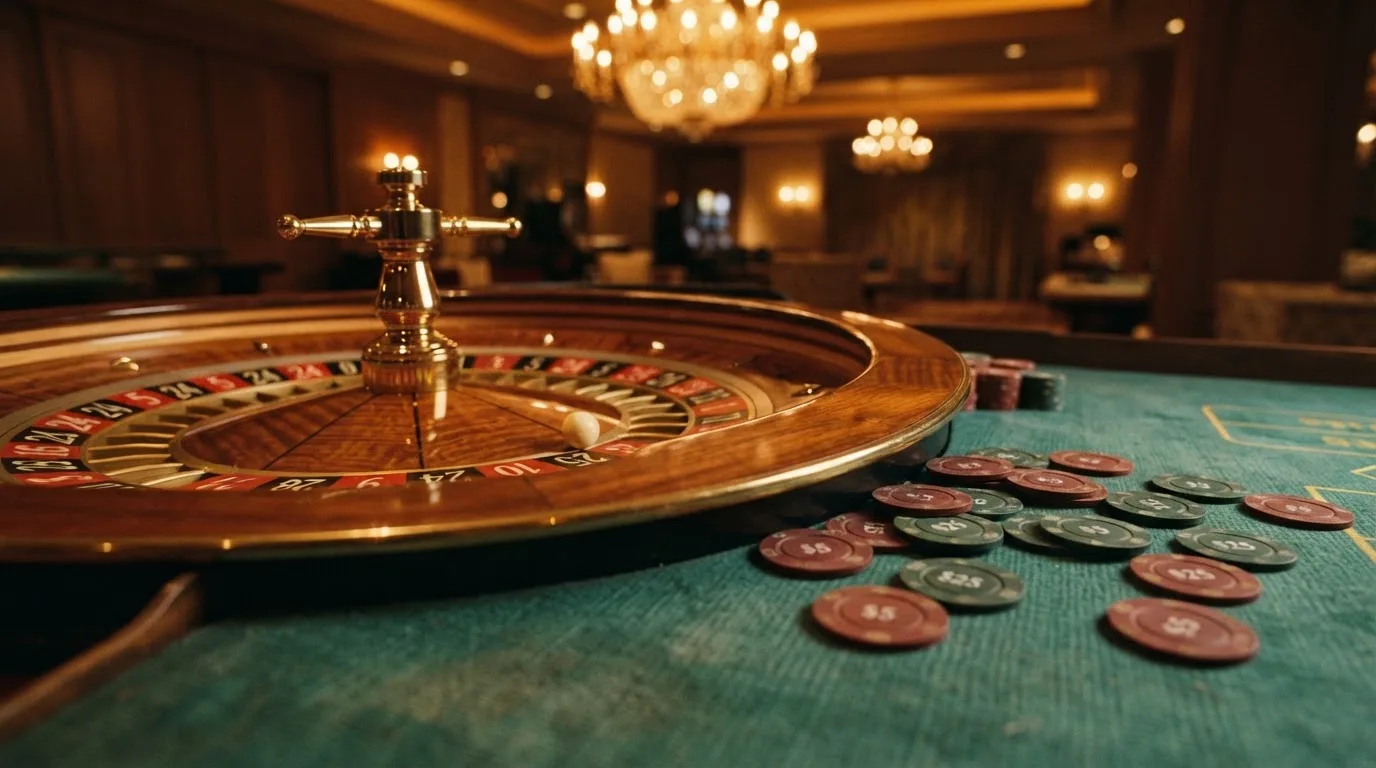 Rulettehjul og sjetonger på grønn filt i varmt kveldslys — casino tipping i norge