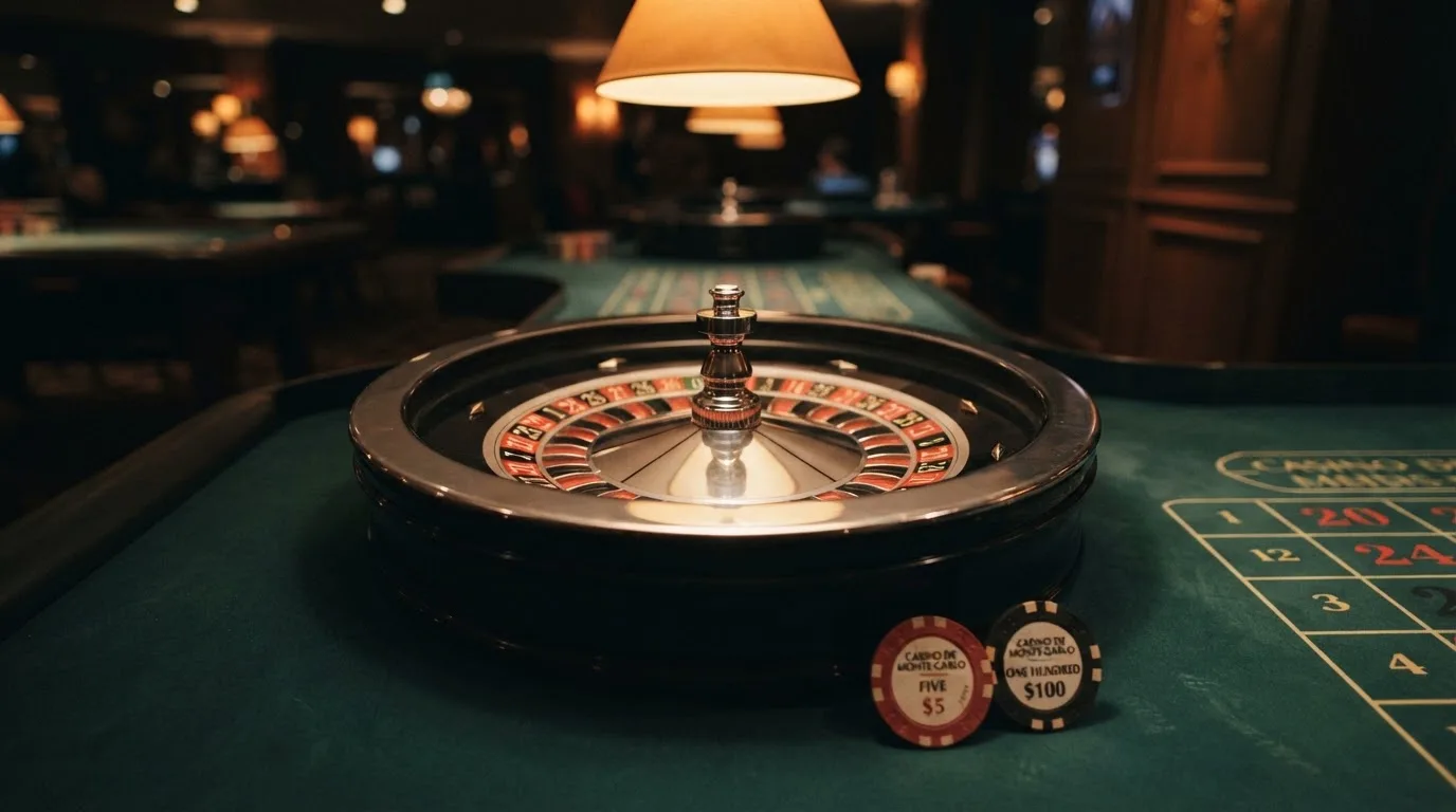Rulettehjul og sjetonger på grønn filt i varmt kveldslys — casino uten lisens i norge