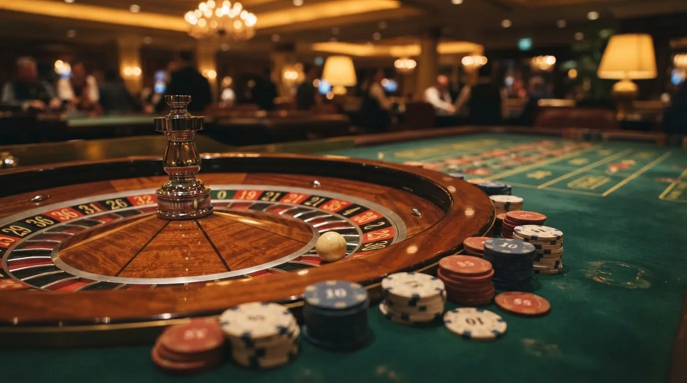 Rulettehjul og sjetonger på grønn filt i varmt kveldslys — casinoer med bitcoin i norge
