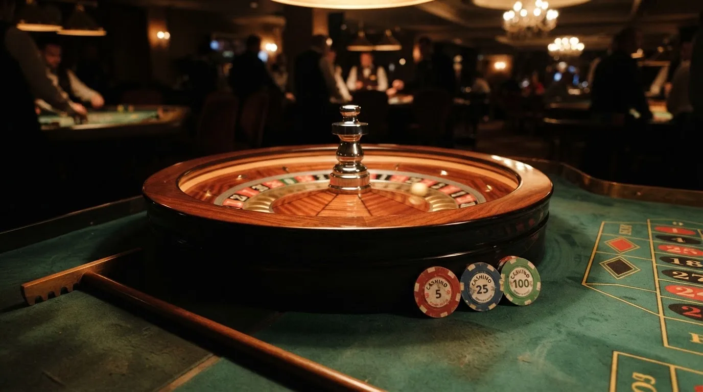 Rulettehjul og sjetonger på grønn filt i varmt kveldslys — casinoer med dogecoin i norge