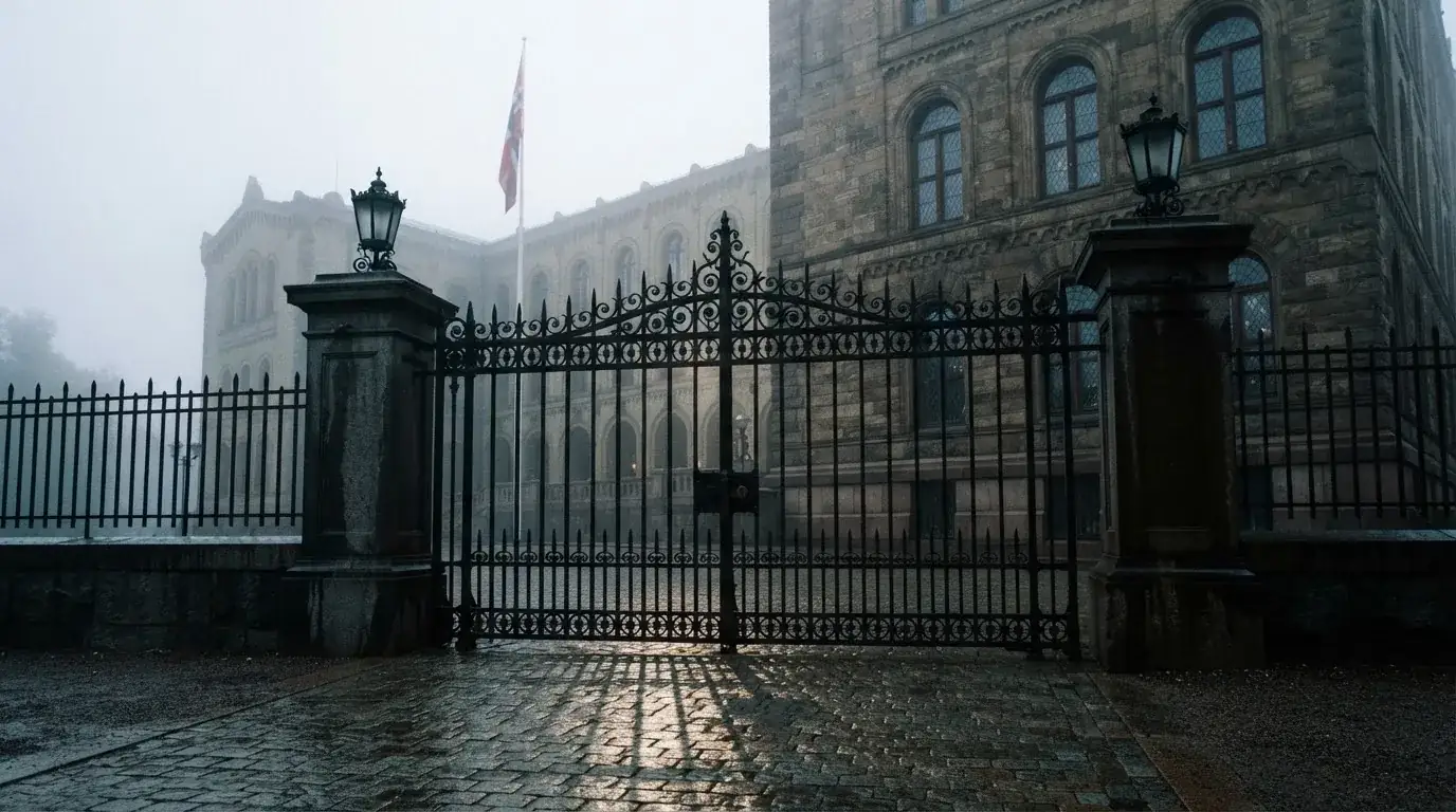 Svart jernport foran en stor offentlig bygning i stein med et flagg på stang, tåkete morgen
