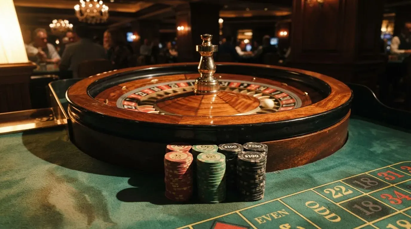 Rulettehjul og sjetonger på grønn filt i varmt kveldslys — live roulette in norway
