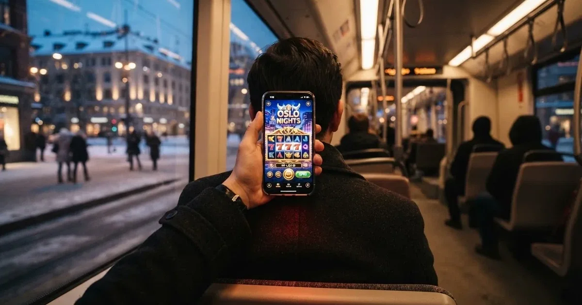 Mobiltelefon i hånden på trikken i Oslo en vinterkveld — norske casinoer på android