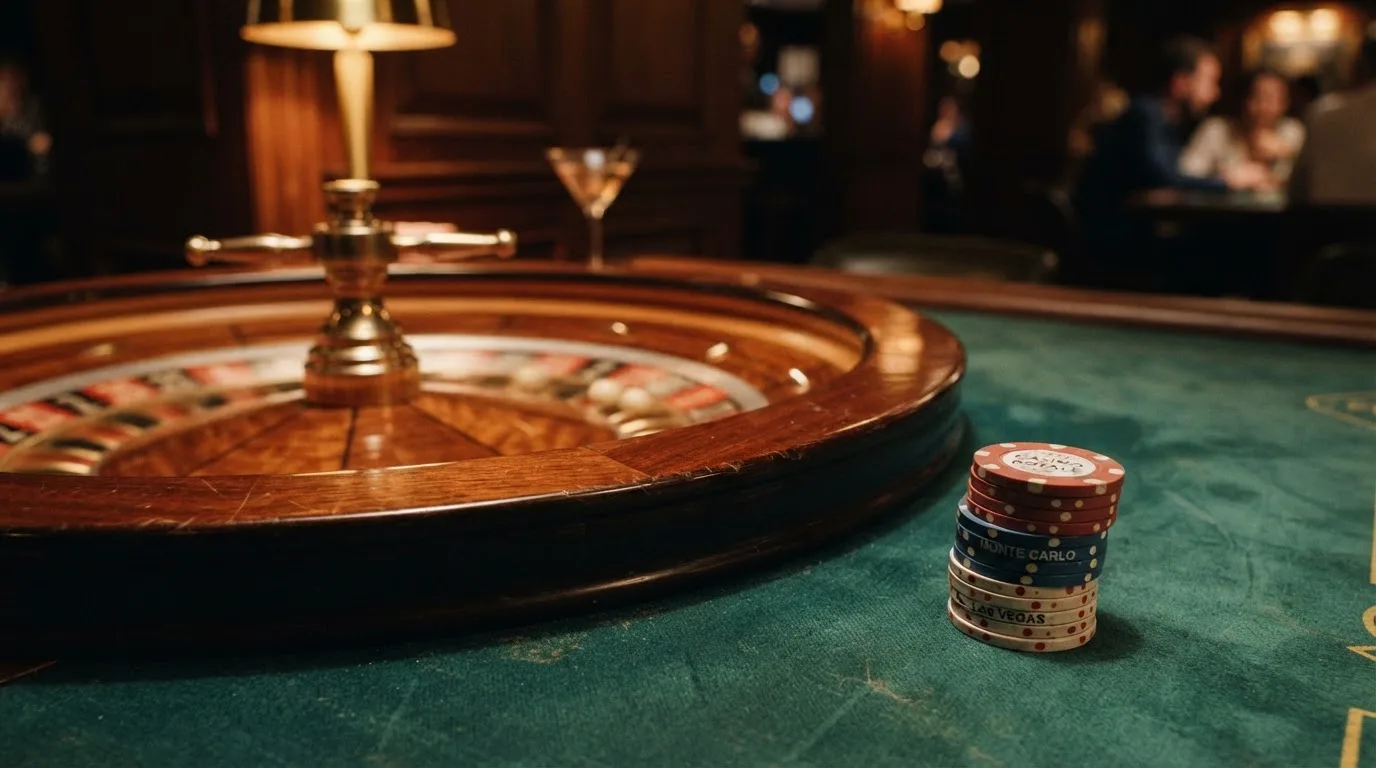 Rulettehjul og sjetonger på grønn filt i varmt kveldslys — norske casinoer på android