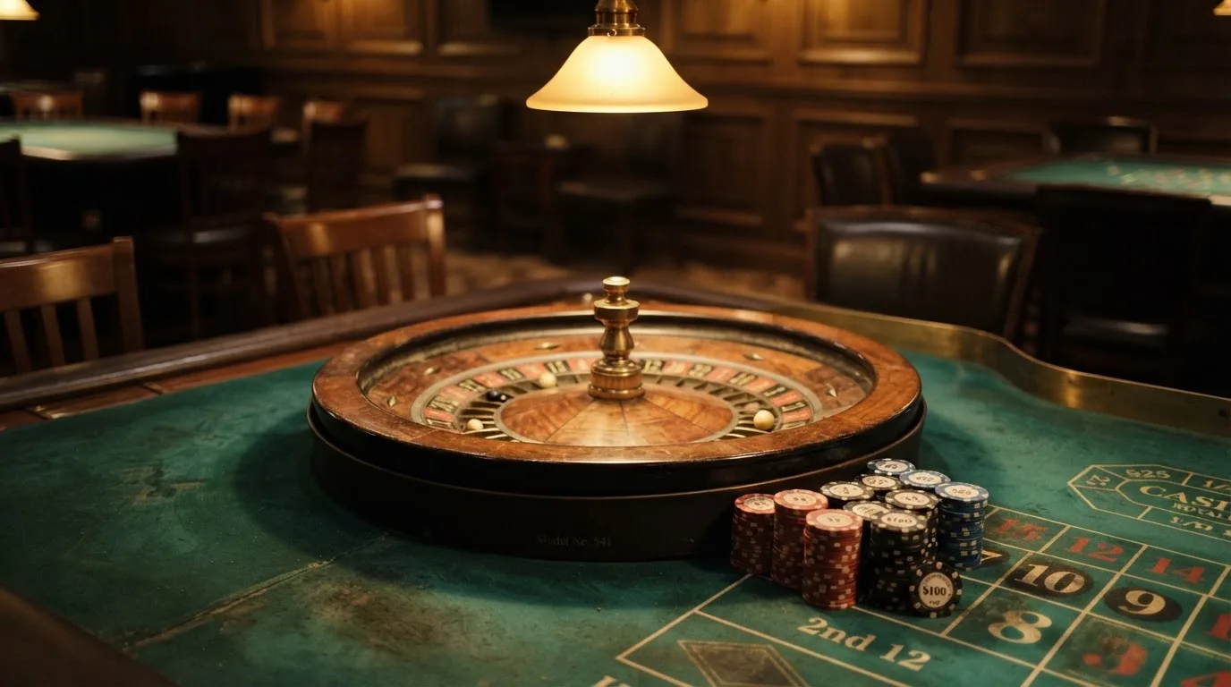 Rulettehjul og sjetonger på grønn filt i varmt kveldslys — norske casinoer på ios